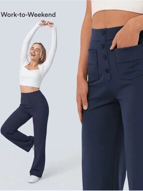 HALARA Navy Blue 4 Way Stretch Pull On Trousers Decorative Buttons 4 Pocket Sz L